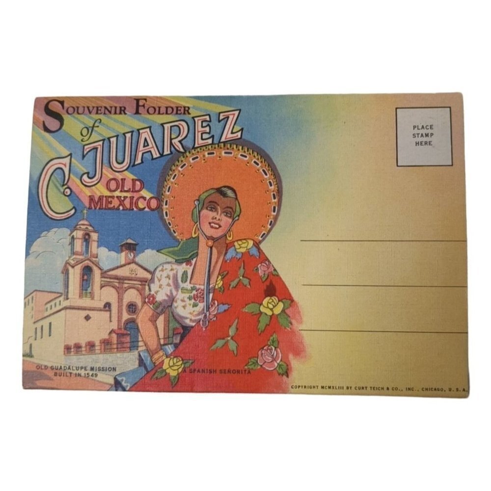 Vintage Postcard Fold Out Juarez Mexico 1940s Unposted Color